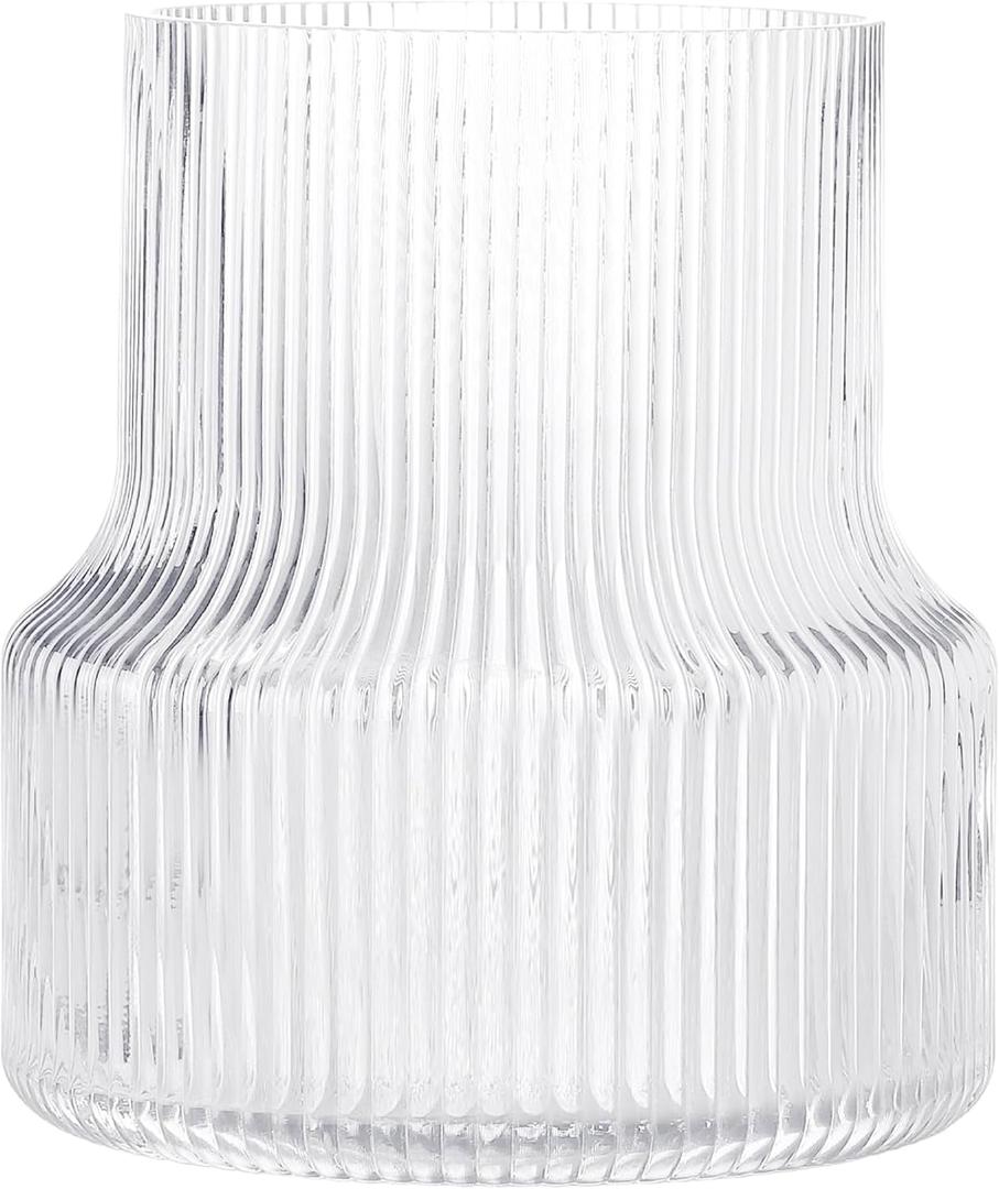 Glass Vase - Fluted, Ribbed, Decorative for Centerpieces, Modern for Living Room, Table, Entryway, Desk, Shelf, Wedding, Office - 7.5 Inches