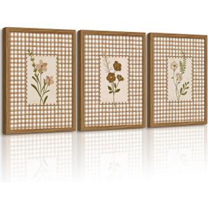 Vintage Floral Wall Art Cottage Core Wildflower Canvas Wall Decor Cottagecore Botanical Prints Gingham Farmhouse Flower Pictures Neutral Floral Poster for Bathroom Home Bedroom 16x24x3 Inch Framed