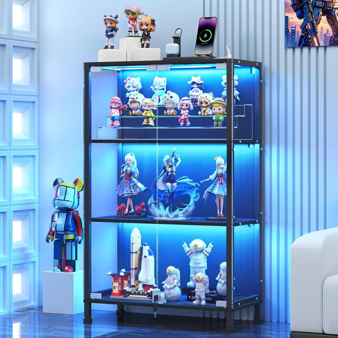 VersionTECH. 3-Tier Display Cabinet with Glass Doors & 6000+ RGB Lights, 37.6"H x 23.6"W x 11"D