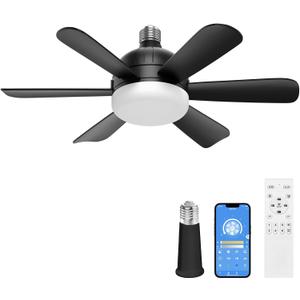 ALUOCIY 18 Inch Modern Black Socket Fan Light with Remote and LED Light,3 Colors 3000K-6500K,6 Blades,Light Bulb E26/E27 Screw in,Small Fan for Bedroom,Living Room,Kitchen,Closet,and Garage