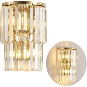 Siljoy 2-Lights Modern Crystal Wall Light, 2-Tiers Crystal Bedside Wall Mount Lighting Fixture, Mirror Gold Stainless Steel K9 Crystal Wall Sconce for Bedroom Living Room Hallway H10'' x L8''
