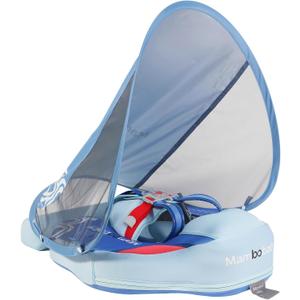 Mambobaby Baby Float with Canopy & Tail Non-Inflatable Baby Swim Float Upgrade Soft Infant Pool Float Sun Protection Newborn Pool Float 3-24 Months Skin-Friendly Material for Toddler Boys Girls (BLUE)