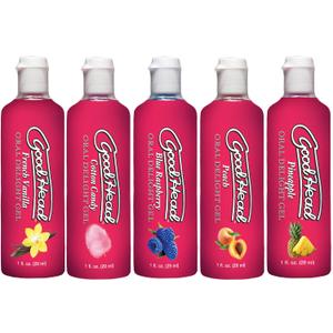 Doc Johnson GoodHead - Oral Delight Gel Variety Pack - French Vanilla, Cotton Candy, Blue Raspberry, Peach, Pineapple - 5 x 1 oz. (5 X 28 g)