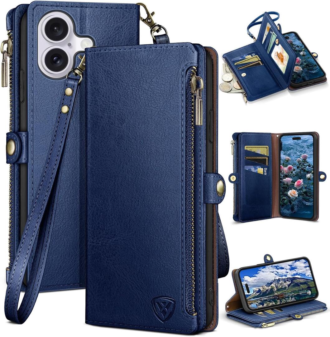 XcaseBar Compatible with iPhone 16 6.1" Wallet case with Zipper Credit Card Holder【RFID Blocking】, Flip Folio Book PU Leather Phone case Shockproof Cover Women Men for Apple 16 case Blue