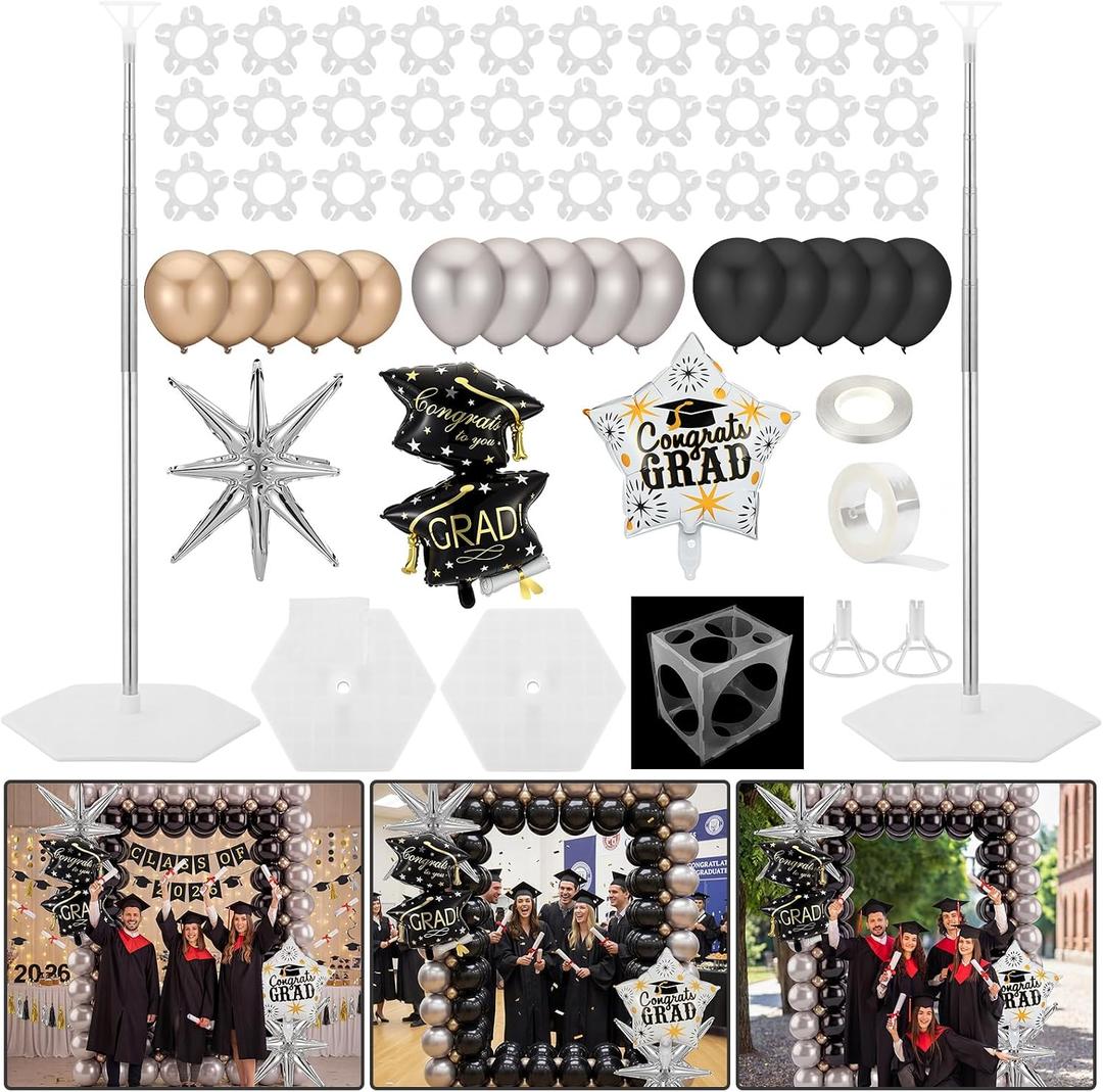 Seenelling 7.87 ft Balloon Stand Arch Kit with 244 Pcs Graduation Balloon 2026 Party Photo Props Prom Arch Kit Black and Silver Backdrop for Celebrations Prom Send off Graduation Party Decoration