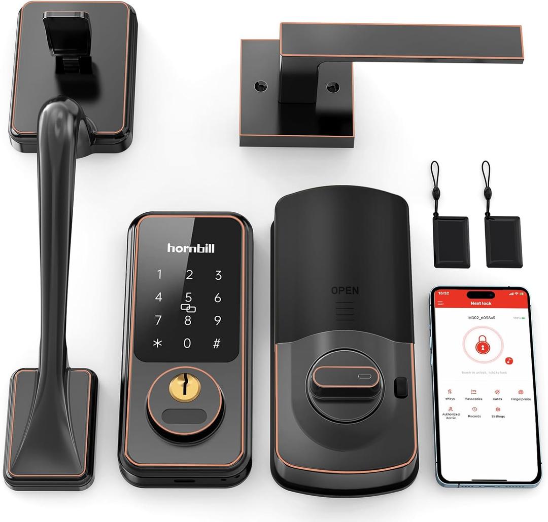 Front Door Lock Set Keyless Entry: Keyless Entry Smart Deadbolt with Handle Set, Hornbill Keypad Electronic Door Lock with Handles, APP/Bluetooth/Auto Lock/Keyfobs/Keys, Oil Rubbed Bronze