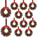 Zeyune 12 Pcs Small Christmas Wreaths for Kitchen Cabinets with Plaid Bow Ribbon Hanging Mini Christmas Cabinet Door Wreaths Decor for Kitchen Window Outdoor Indoor Holiday, 14.96 x 7.87''