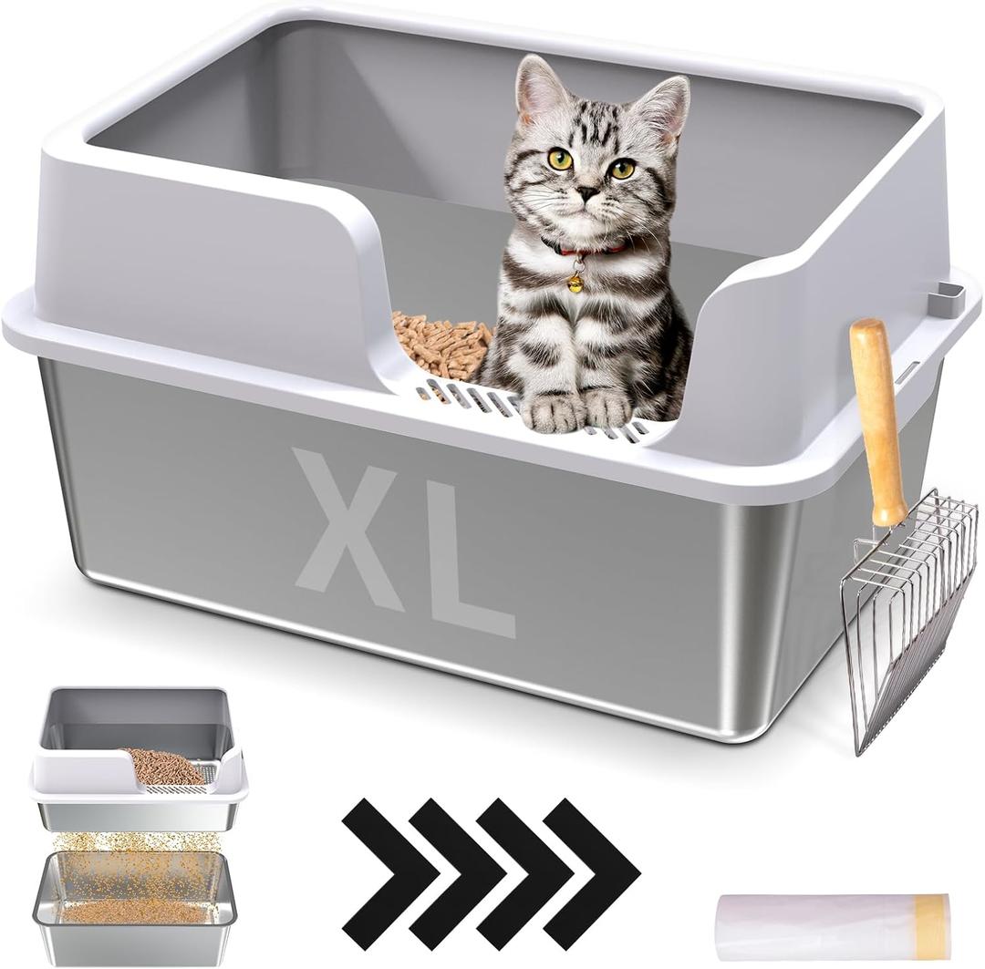 XL Stainless Steel Sifting Cat Litter Box with Sifting Box & Bottom Pan, Sifting Cat Litter Pan High Side, No Mess, Nnti-Odor, Easy to Clean, Metal Cat Litter Box with 1 Metal Scooper & 10 Liners
