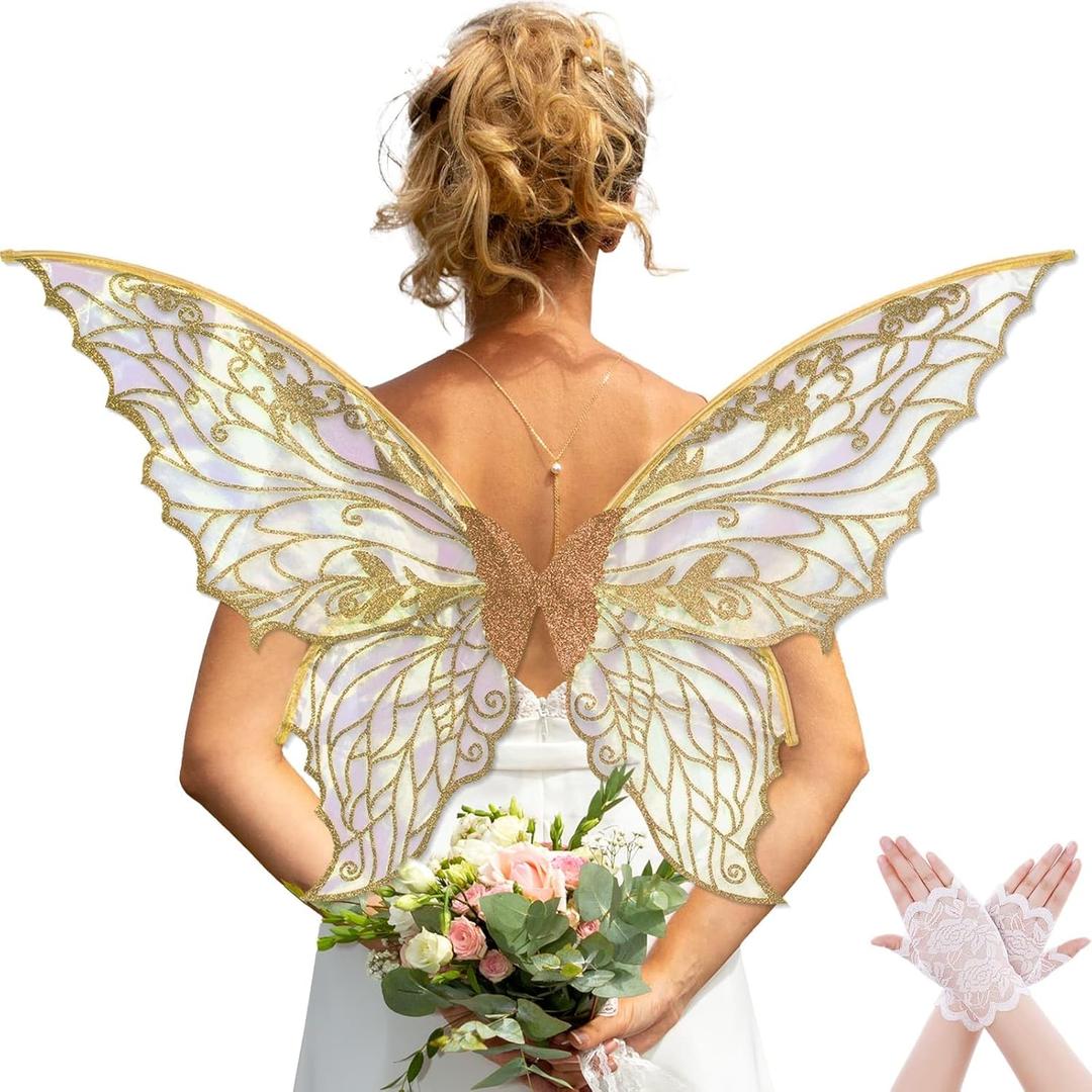 Fairy Wings for Women with Lace Gloves, Butterfly Cosplay Wings,Iridescent Costume Wings for Party Photography Adult Dress Up (Gold)