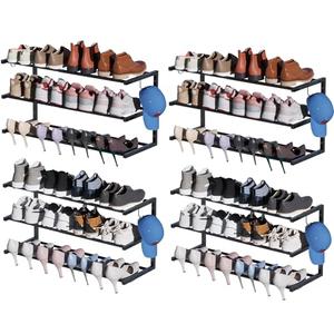 4 Pack Wall Mounted Shoe Rack, 3 Tier Hanging Shoe Rack Holds 48 Pairs, 17"-30"Adjustable Heavy Duty Metal Shoe Organizer Holder with 8 Storage Hooks, Space Saving for Closet Entryway Doorway（Black)