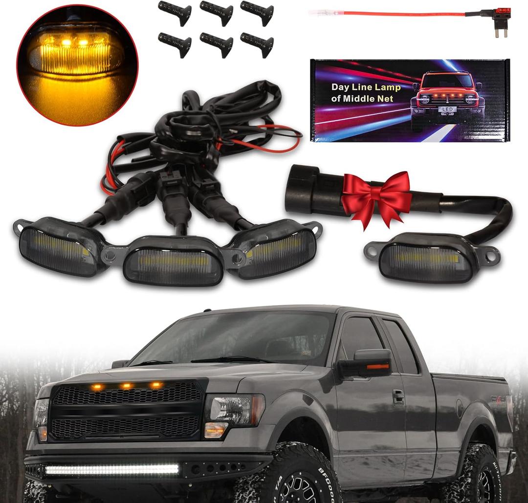 Led Front Grille Lights For 2004-2020 Ford F150,2017-2022 F250,2013-2018 Dodge Ram 1500 Raptor Style Aftermarket Grill Replacement Grills Lamps kit Accessories (black shell amber light)