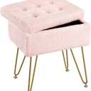 Seventable Vanity Stool Chair with Storage, Teddy Velvet Soft Ottoman, 4 Metal Legs with Anti-Slip Feet, Furry Padded Seat, Multifunctional Stool for Makeup, Footstool, Bedroom, Pink