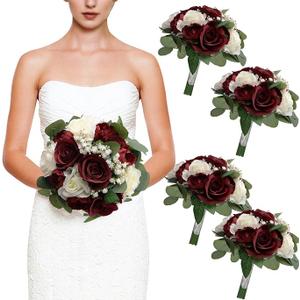 Set of 4 Bridesmaid Bouquets, 11 Inch Wedding Bouquets for Bridesmaids Artificial Flower Bouquets for Wedding Ceremony Bridal Shower Decorations - Burgundy & White