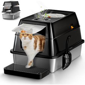 XL Stainless Steel Cat Litter Box with Lid, Extra Large Enclosed Litter Box for Big Cats, High Sided Metal Litter Pan with Removable Lid& Scoop, Odor Free, Easy Cleaning, Anti-Urine Leakage (Black)