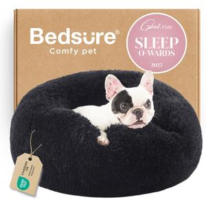 Bedsure Calming Dog Bed for Small Dogs - Donut Washable Small Pet Bed, 23 inches Anti-Slip Round Fluffy Plush Faux Fur Large Cat Bed, Fits up to 25 lbs Pets, Black