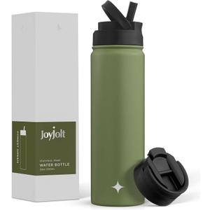 JoyJolt Triple Insulated Water Bottle with Straw Lid AND Flip Lid! 22oz Water Bottle, 12 Hour Hot/Cold Vacuum Insulated Stainless Steel Water Bottle. BPA-Free Leakproof Water Bottles - Thermos Bottle (Forest Green)