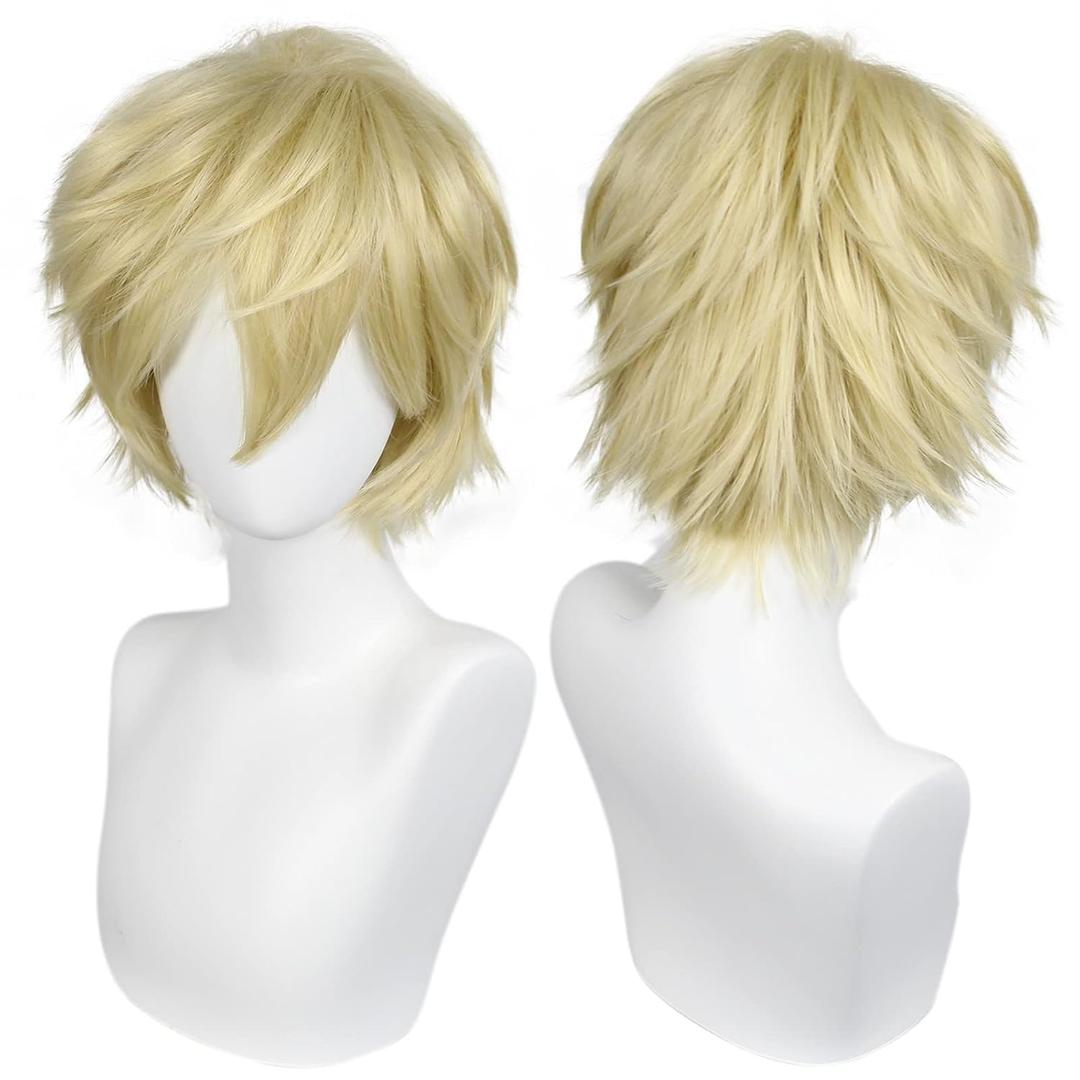 ANOGOL Hair Cap + Short Blonde Men's Wigs Loid Forger Cosplay Golden Wig Gilgamesh Blond Cosplay Wig for Halloween Christmas Event Costume Short Blonde Wig for Party
