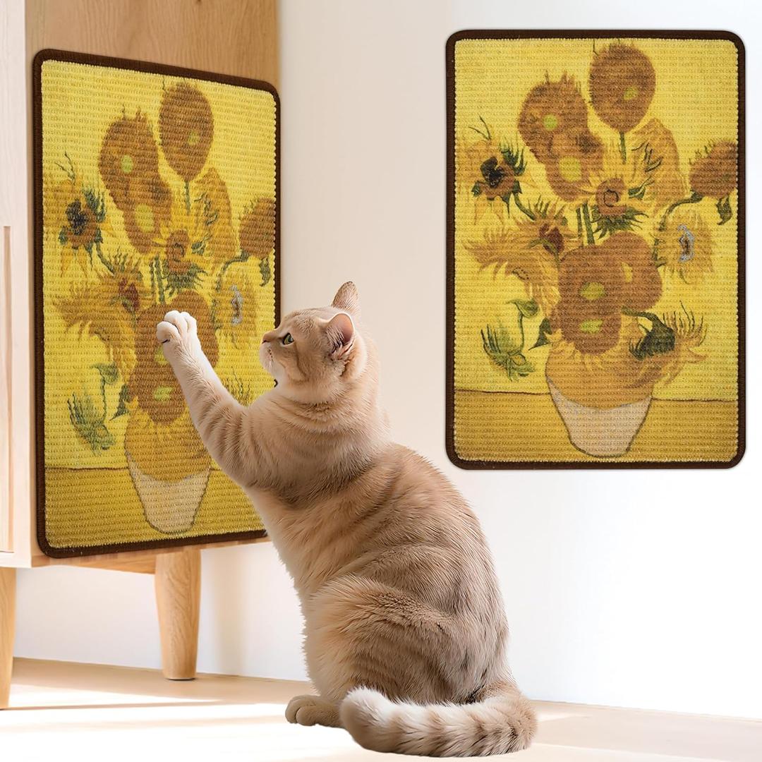 Sisal Cat Scratcher Mat, Cat Wall Scratcher for Indoor Cats, 23.6x15.7 Inch Cat Scratch Pad with Hook & Loop, Wall Mounted Cat Scratching Post to Protect Couch and Carpet Helianthus (Sunflower)