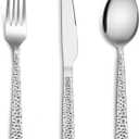 E-far 12-Piece Hammered Forks Spoons and Knives Set, Silverware Set for 4, Stainless Steel Square Flatware Set for Home Kitchen Restaurant, Mirror Polished & Dishwasher Safe