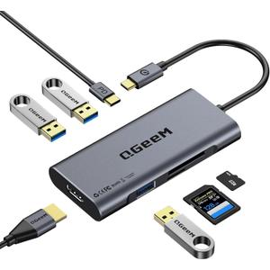 USB C Hub, QGeeM USB 4k to HDMI Adapter, 7 in 1 USB-C Dongle with 100W PD,USB 3.0, Card Reader, Compatible for MacBook iPhone 15/17 Ipad Pro max,Chromebook Laptop USB Type C Dock-Grey