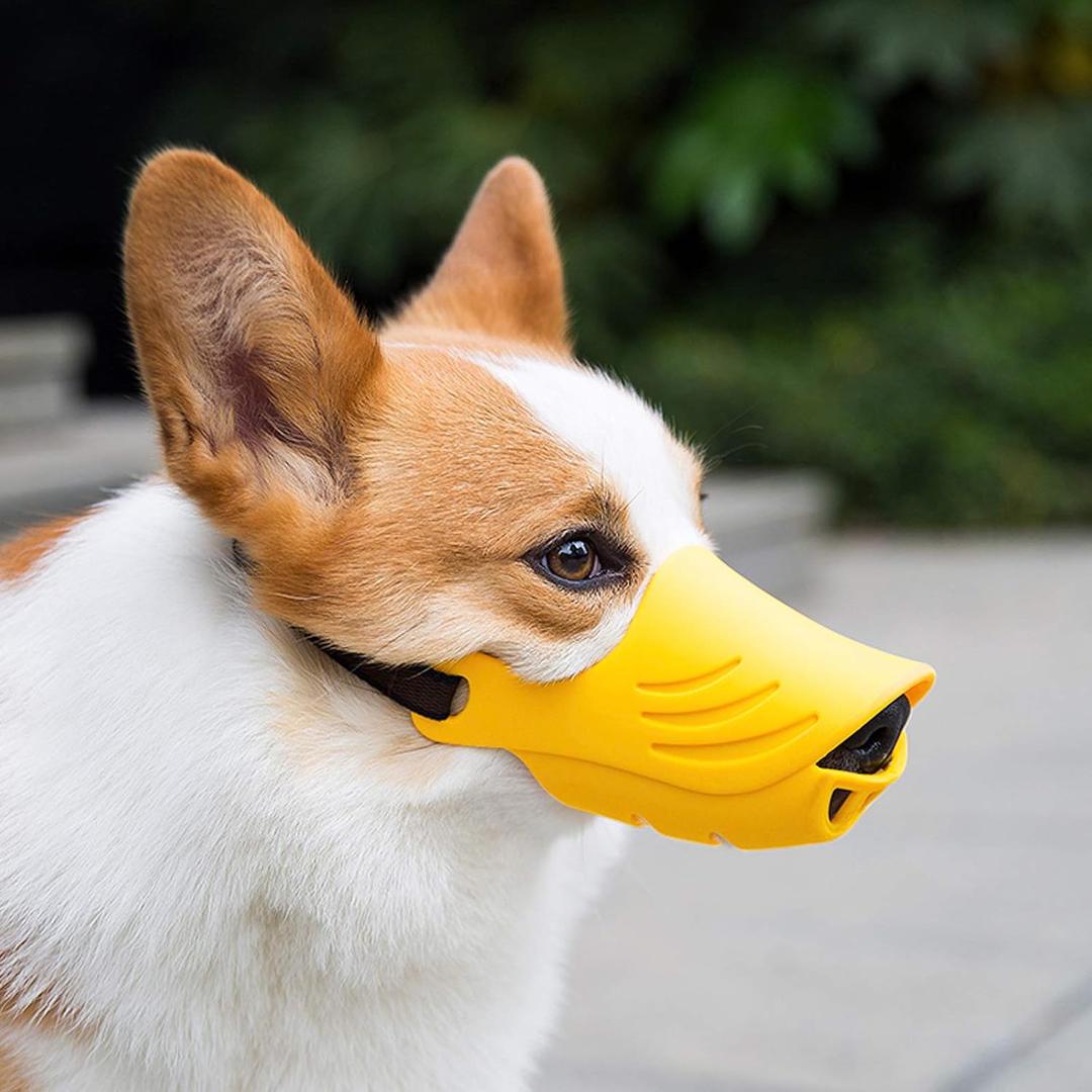 LUCKYPAW Dog Muzzle, Soft Duck Silicone Mouth Cover with Adjustable Strap for Small Medium Dogs, Best to Prevent Barking, Biting, and Chewing(Yellow,XL)