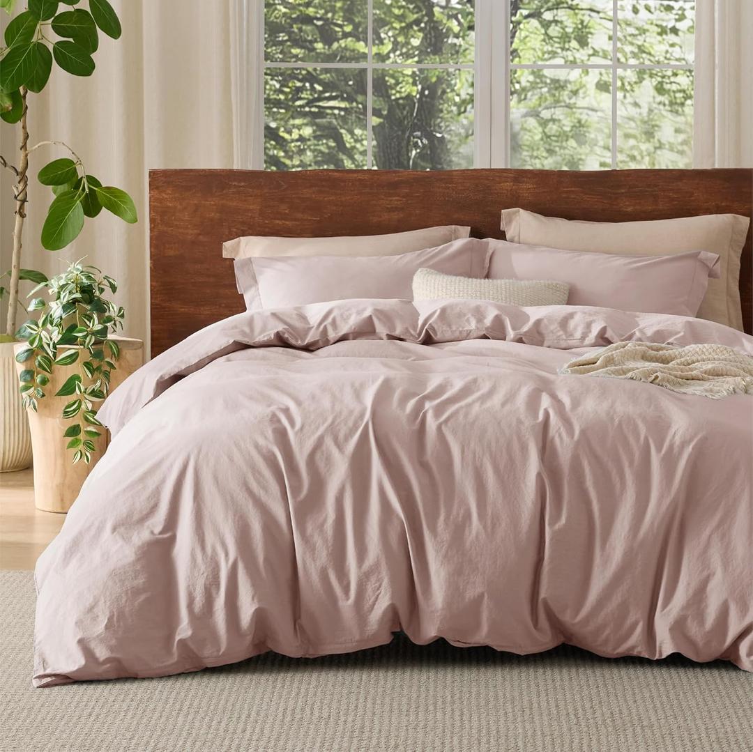 Bedsure 100% Washed Cotton Duvet Cover Queen Size - Petal Pink Minimalist Cotton Duvet Cover Linen Like for All Seasons - GentleSoft Plain Simple Bedding, 3 Pieces (Petal Pink, Queen, 90"x90")