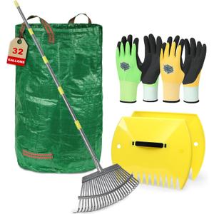 Adjustable Garden Rake for Leaves 36 to 73 Inch 25 Tines with Leaf Scoops, 32 Gallon Self Standing Yard Waste Bag Hoop, 2 Pairs Latex Coated Gloves