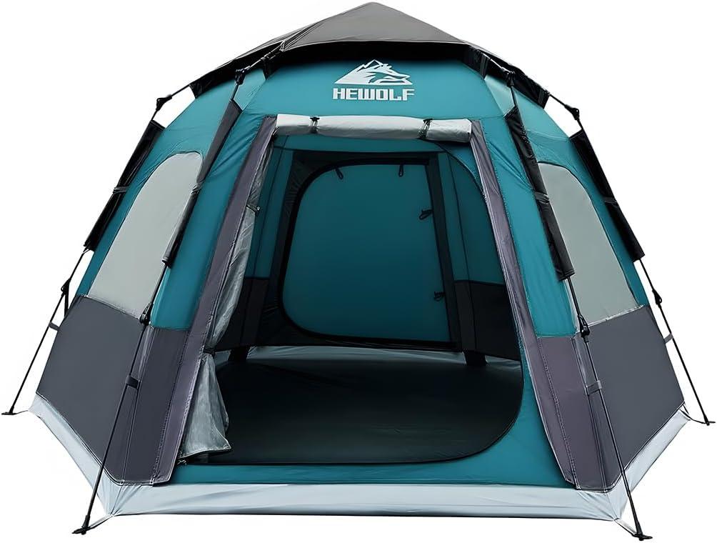 Hewolf 2/3/4 Person Camping Tent - Instant Pop Up Waterproof 2 Doors Tent with Easy Setup | 3-Season Hexagonal Dome Design for Family, Hiking & Traveling, Blue 