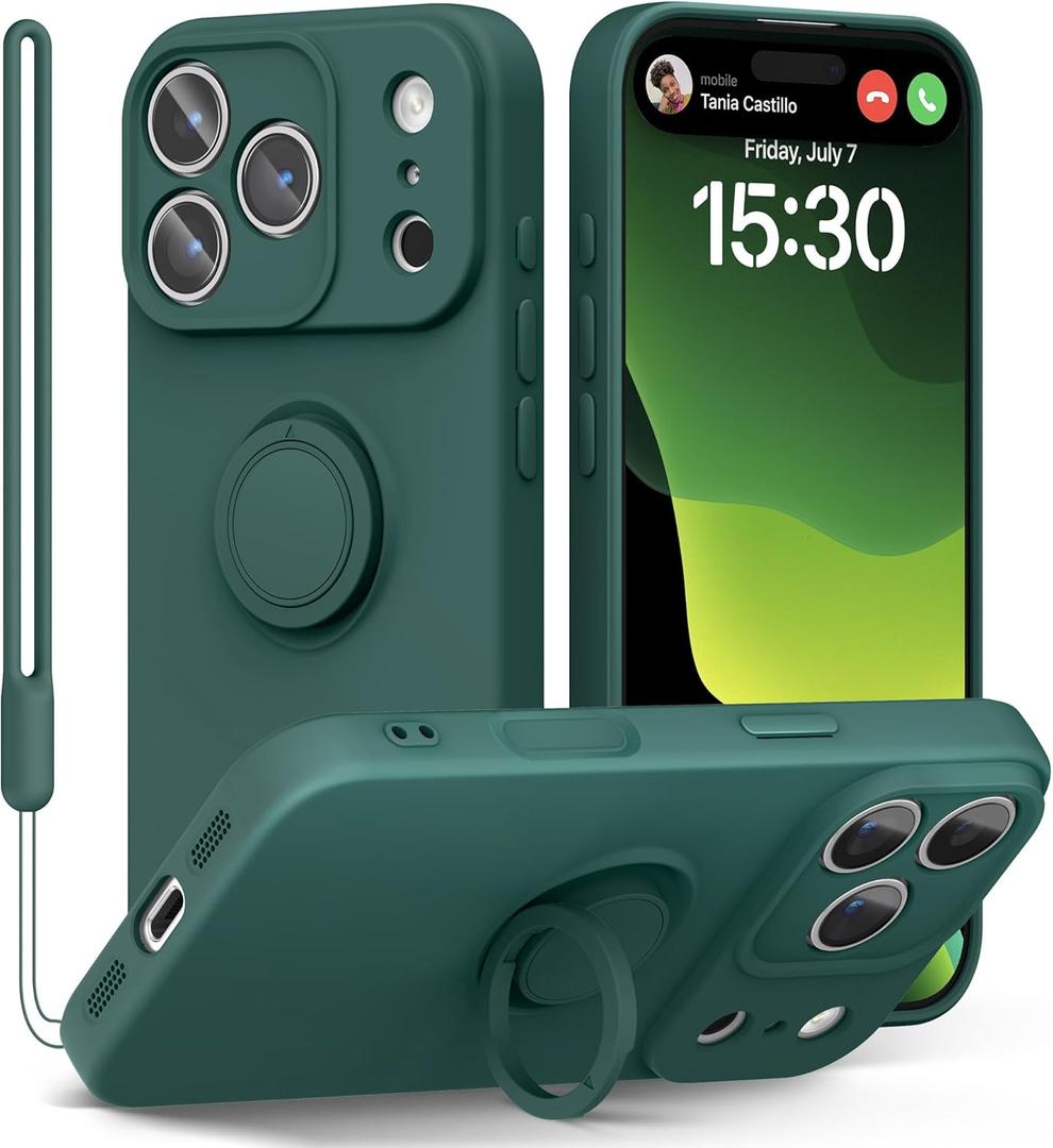 pcgaga Compatible with iPhone 17 Pro Case 6.3 inch, Silicone Slim Design with [Ring Holder Stand] [Wrist Strap] [Microfiber Lining] Shockproof Protective Case Cover for iPhone 17 Pro, Army Green