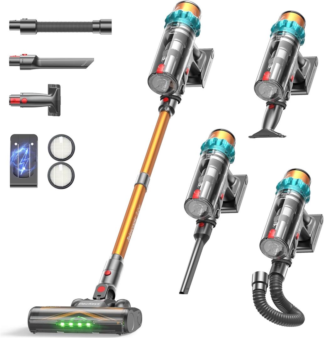ElecKeys Cordless Vacuum Cleaner, Upgraded 580W 48KPA 65Mins Vacuum Cleaners for Home, Stick Vacuum with Self-Standing and Touch Screen, Anti-Tangled Handheld Vacuum for Pet Hair, Floors, Carpets, K10 (Gold)