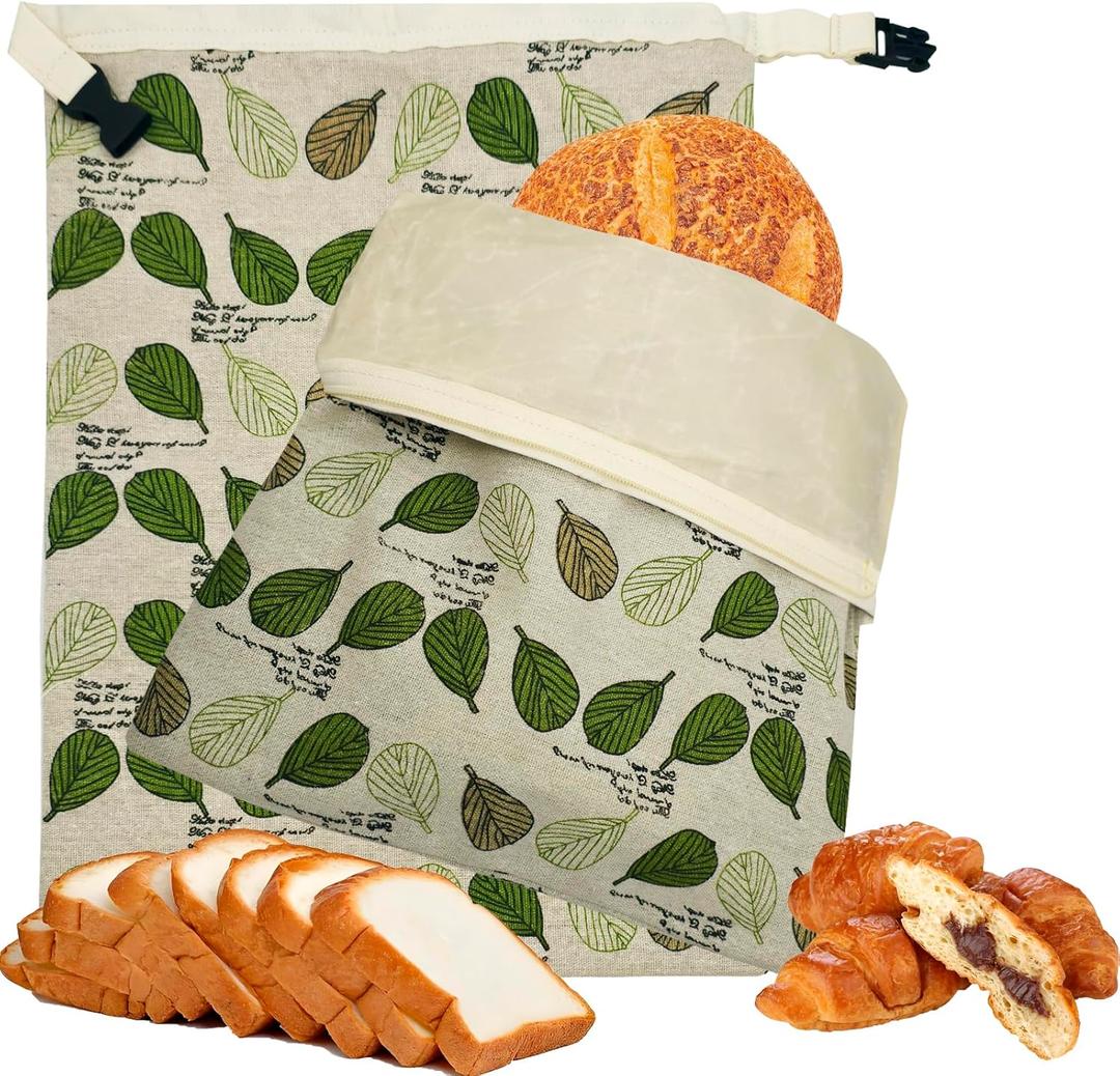 Reusable plastic-free beeswax lined - FDA cleared -fabric bread bags, beeswax toast storage pack (2ea),flax ciabatta storage pack, Moisture-proof fabric with zipper and buckle(Green Leaf)