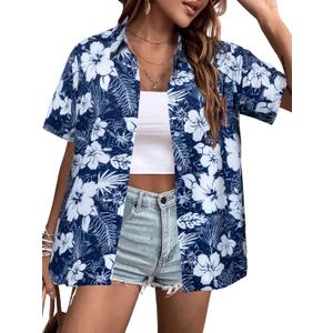 MYHALF Women Hawaiian Shirt Soft Cool Summer Hawaii Shirts Floral Tropic Print V Neck T-Shirt Short Sleeve Button Up Tops (XX-Large, Blue White Hibiscu)