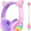 Riwbox CF9 Cat Ear Kids Bluetooth Headphones with LED Light Up,Safe 85dB Volume Limit,Built-in Mic&Boom Mic for Calls,Kids Wireless&Wired Headphones for Tablet/Airplane/School/Online Learning (Purple)