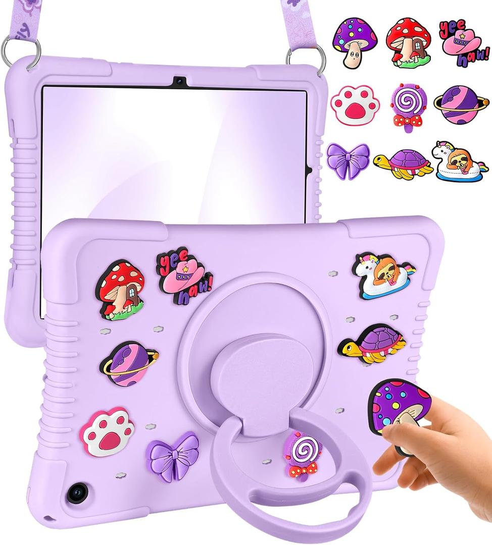 Cute for Samsung Galaxy Tab A9 Plus Case - with Shoulder Strap & 360 Degree Rotating Stand Purple Girls Kawaii Funny DIY Accessories Fun Soft Silicone for Galaxy Tab A9+ Case 11 inch 2023