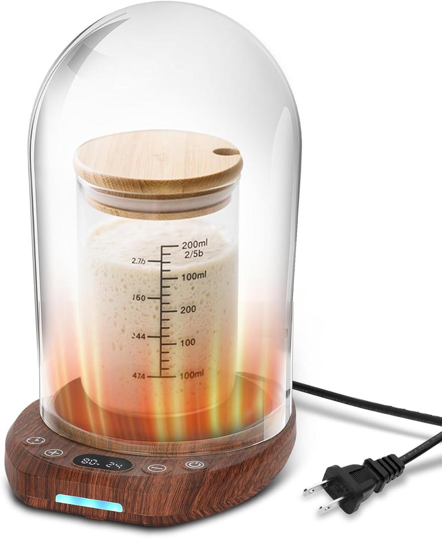 Sourdough Starter Warmer Mat with Glass Dome Precise 1F Thermostat Control (70°-104°F) 0-24H Timer Automatic On/Off Sour Dough Warmer and Glass Cover for Home Baking, Wood Grain
