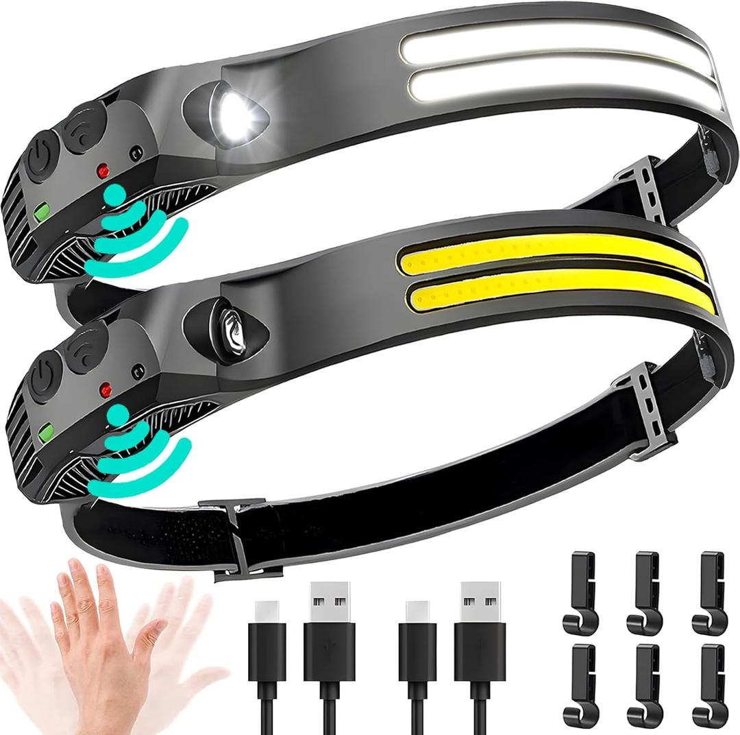 LED Headlamp Rechargeable 2PCS - 230 COB Super Bright Head Lights for Forehead, Hard hat Light for Adults, USB C Headband Flashlight for Work, Hiking, Running, Camping Essentials Gear (2 Pack - New Upgrade II Dual-Led Strip, Black)