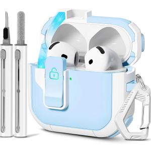 with Safety Lock for AirPods 4th Generation Case 2024, Unique Cute Kawaii AirPod 4 Case with Cleaning Kit and Keychain, iPod 4 Case for Women Girls Kids -Sky Blue
