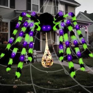 3-in-1 Large Halloween Spider Decorations Set, 50" Huge Spider Hanging with 20" Light Up Spider Egg Totally 36 LEDs Lights Battery Operated Fake Spiders Halloween Decors for Yard Home Party