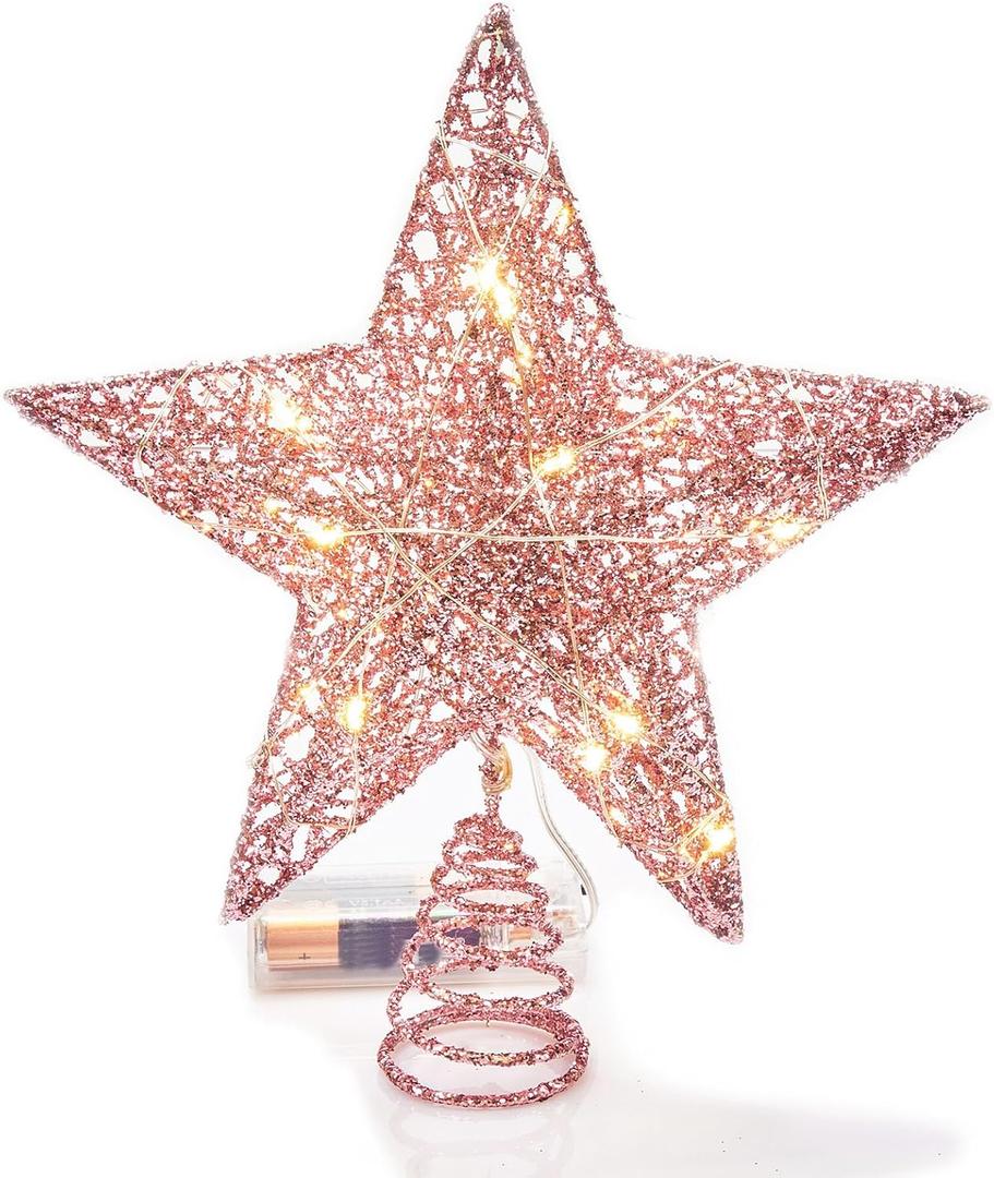 Emopeak 20 LED Christmas Tree Topper, 8 x 10 Inch Indoor Iron Art Star Treetop Light, Two Modes (Keep Light ON/Flash) (Pink, 8"/20CM)