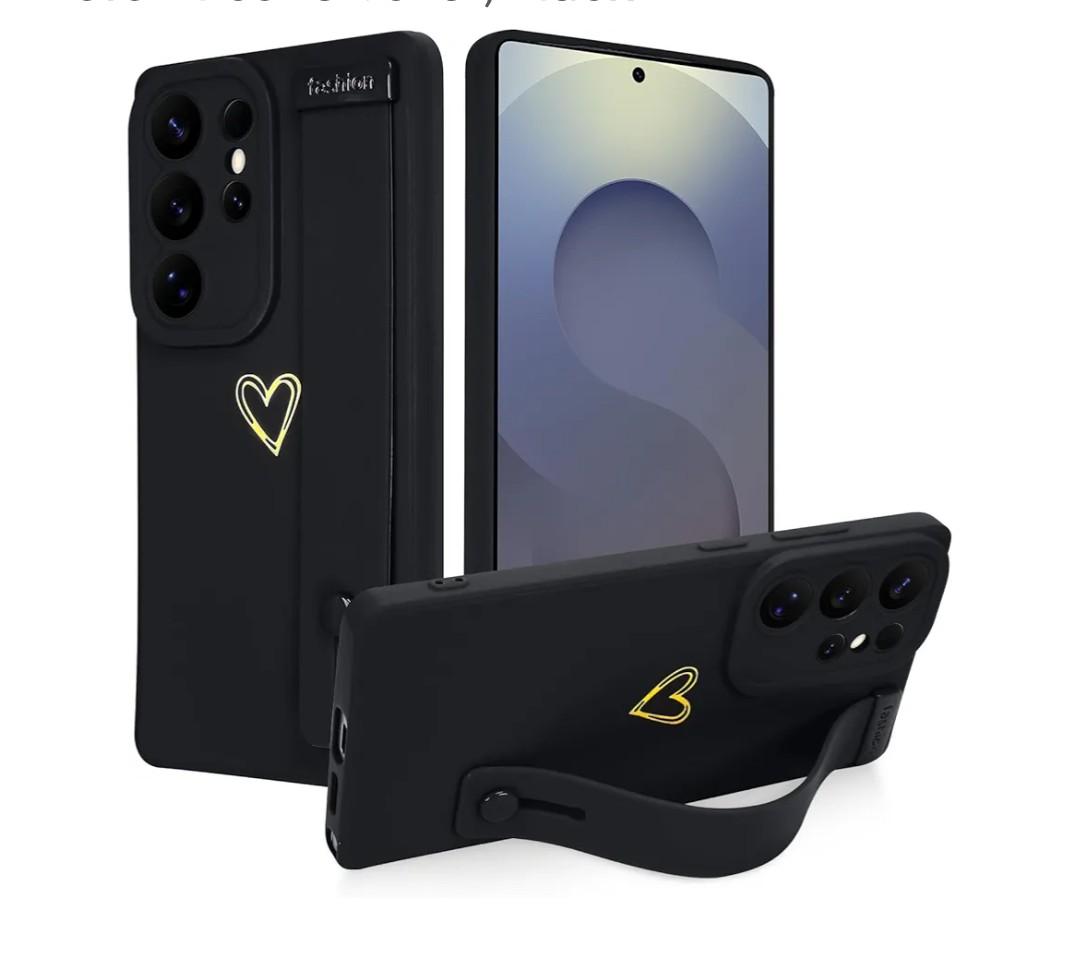 Ufbara Compatible with Samsung Galaxy S25 Ultra Case for Women Girls, Cute Gold Love Heart Pattern with Wrist Hand Holder Stand Slim Soft Silicone Kickstand Protection Cover (Black)