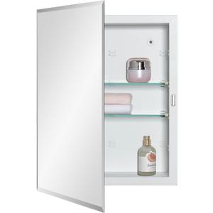 Bathroom Medicine Cabinet with Beveled Edge Mirrored Door 14 x 18 inch, Recessed or Surface Mount, with Adjustable Glass Shelves (Matt White)