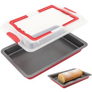 Jelly Roll Pan with Lid, 10 x 15 Inch Nonstick Jelly Roll Pan, Carbon Steel Baking Sheet, with Foldable Handle and Secure Side Lock, for Baking and Fridge Storage, Ideal for Home and Party