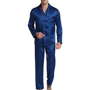 Sanraflic Men's Satin Pajamas Long Button-Down Pj Set Sleepwear Loungewear Nightwear (X-Large, Navy Blue)