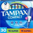 Tampax Compact Pearl Tampons for Women Multipack, with LeakGuard Braid & Extendable Applicator, Super/Super Plus Absorbency, Compact Extendable Applicator, Unscented, 30 Count