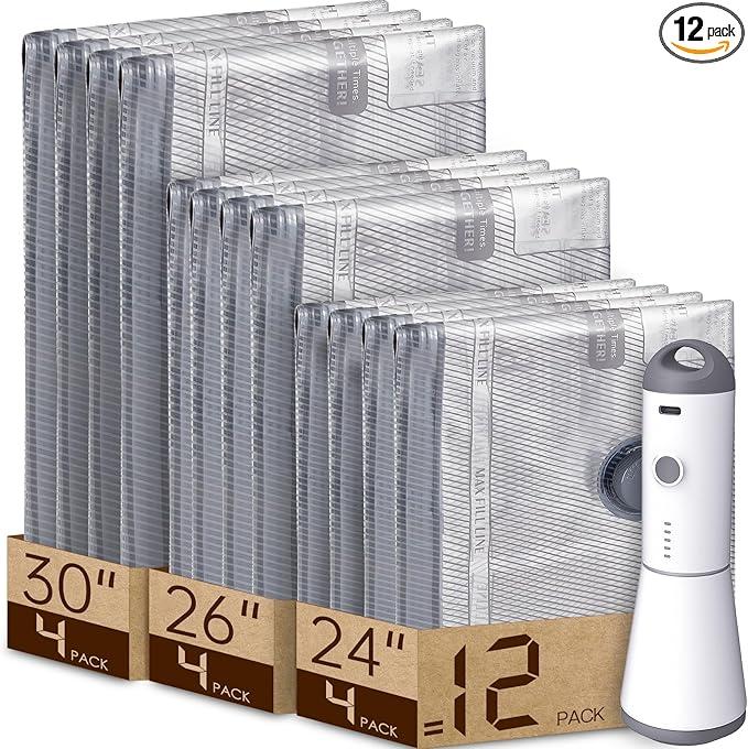 Vacbird 12 Pack Vacuum Bags for Travel with Rechargeable air Pump, Carryon Size Vacuum Seal Bags for Luggage and Suitcase Compression, Space Saver for Clothes and Clothing Travel