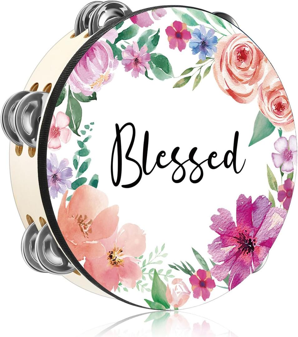 Tambourines for Adults 10 Inch Church Christian Flowers Dance Tambourine Double Row Jingle Bible Hand Bell Drum for Church Pray Party Percussion Musical Instrument Hand Bell Clap Drum(Blessed)