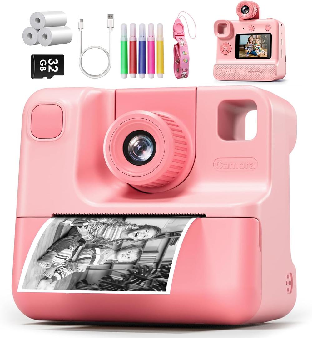 Instant Print Camera for Kids, 1080P Kids Instant Cameras,HD Selfie Digital Video Cameras Toddler 3 Rolls Print Paper & 32G Card,Christams Birthday Gifts for Girls Boys Age 5 6 7 8 9 10