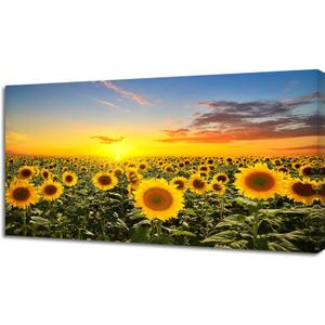 Wall Art Canvas Painting Beautiful Sunset Over Sunflower Field 1 Piece Colorful Sky with Clouds Picture Poster Print Framed and Stretched Ready to Hang for Living Room Bedroom Office
