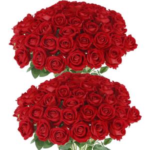 Hananona 50 Pcs Artificial Roses in Bulk, Fake Silk Red Roses Realistic Roses for Wedding Centerpieces Flower Arrangement Home Decor (50, Red)