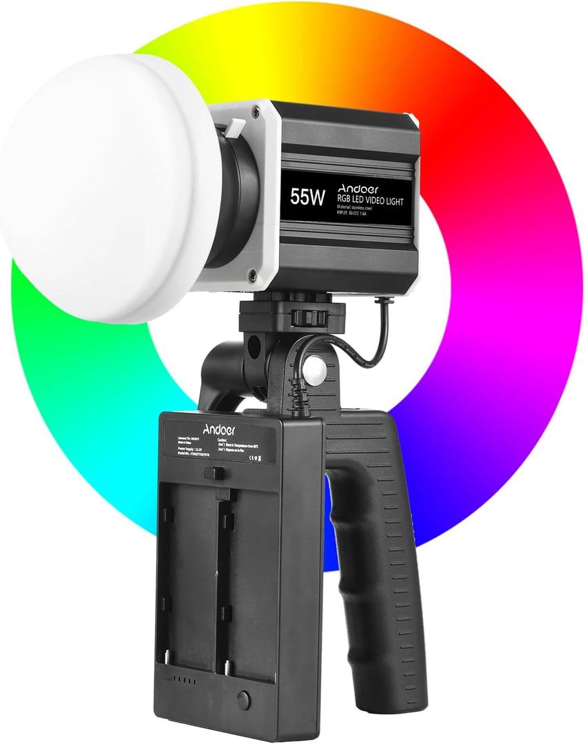 Andoer RGB LED Video Light COB Handheld with Remote, 55W Photography Lighting Portable, 2800K-6800K Dimmable Studio Lights, LCD Screen CRI 90 9 FX Scene Effects for Live Streaming Home Commercial